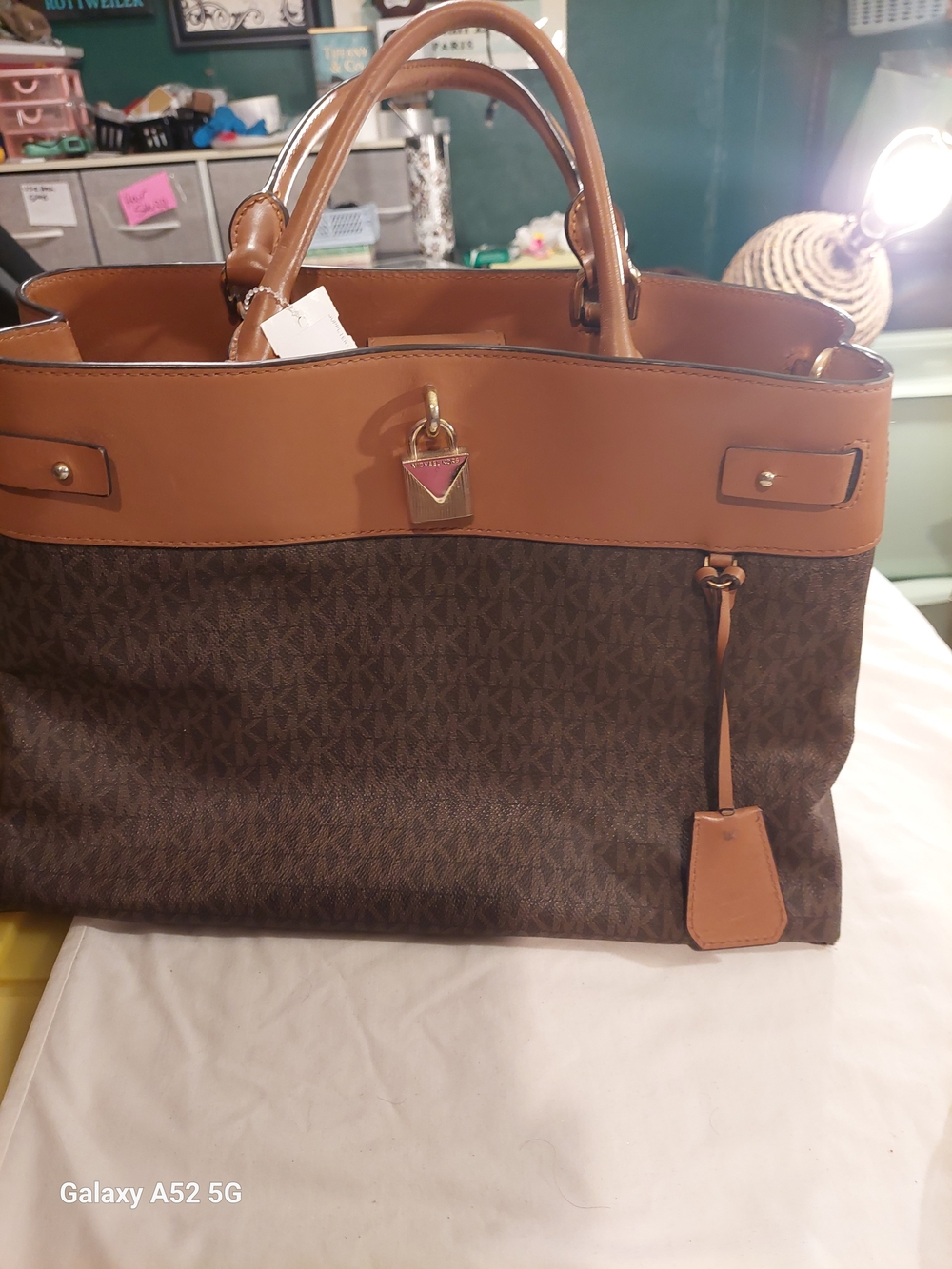 Michael Kors Brown Logo Satchel with Tan Leather Trim